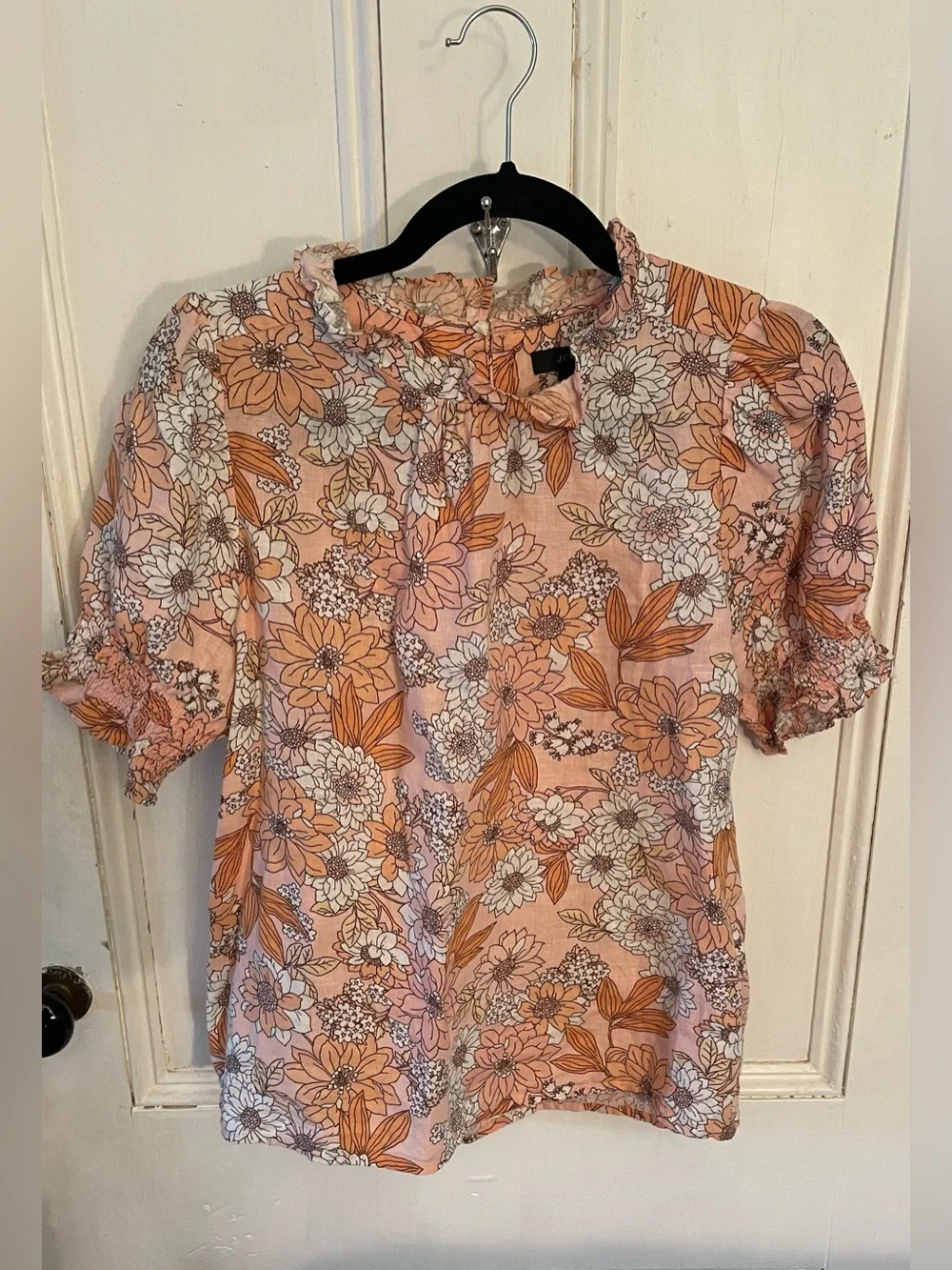 J Crew Smocked Puff-sleeve 100% Linen Top in Zinnia Floral Women's Small